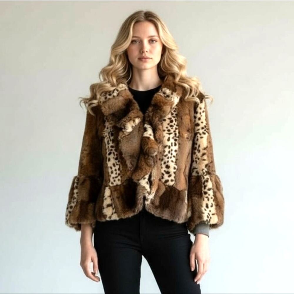 Y2K Pea Coat Sz M Faux Leopard Patchwork Animal Print Jacket Cropped Bell Ruffle